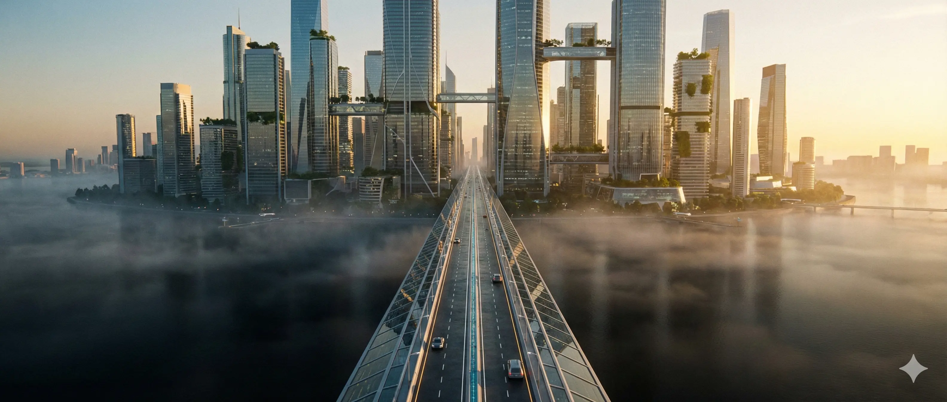 Иллюстрация: Футуристичная дорога или мост, ведущий в цифровой город 2026 года. Символ перехода от хаоса к структуре.