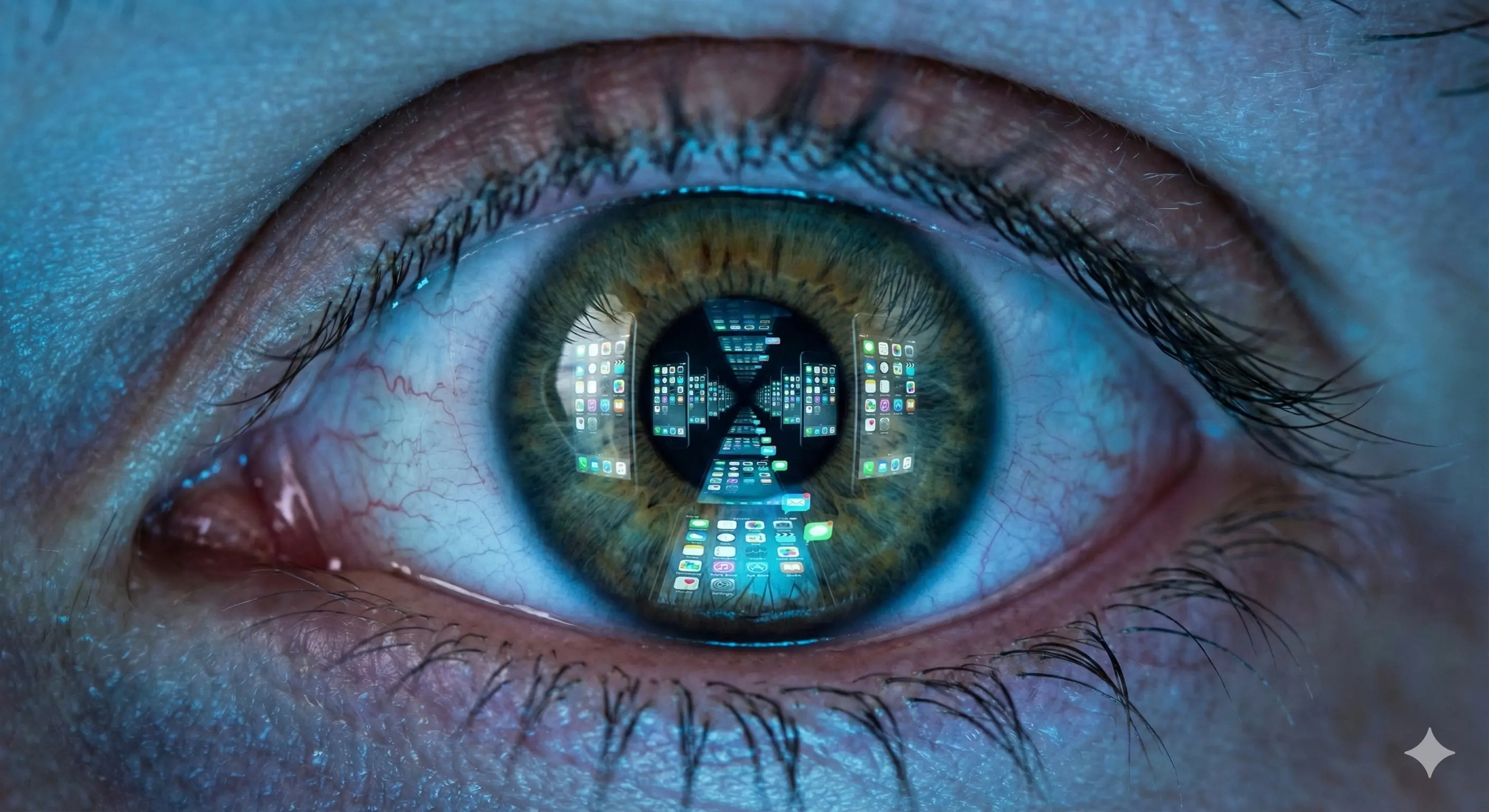 Иллюстрация: Крупный план глаз человека. В зрачке отражается бесконечный коридор из экранов и уведомлений. Взгляд уставший и расфокусированный.