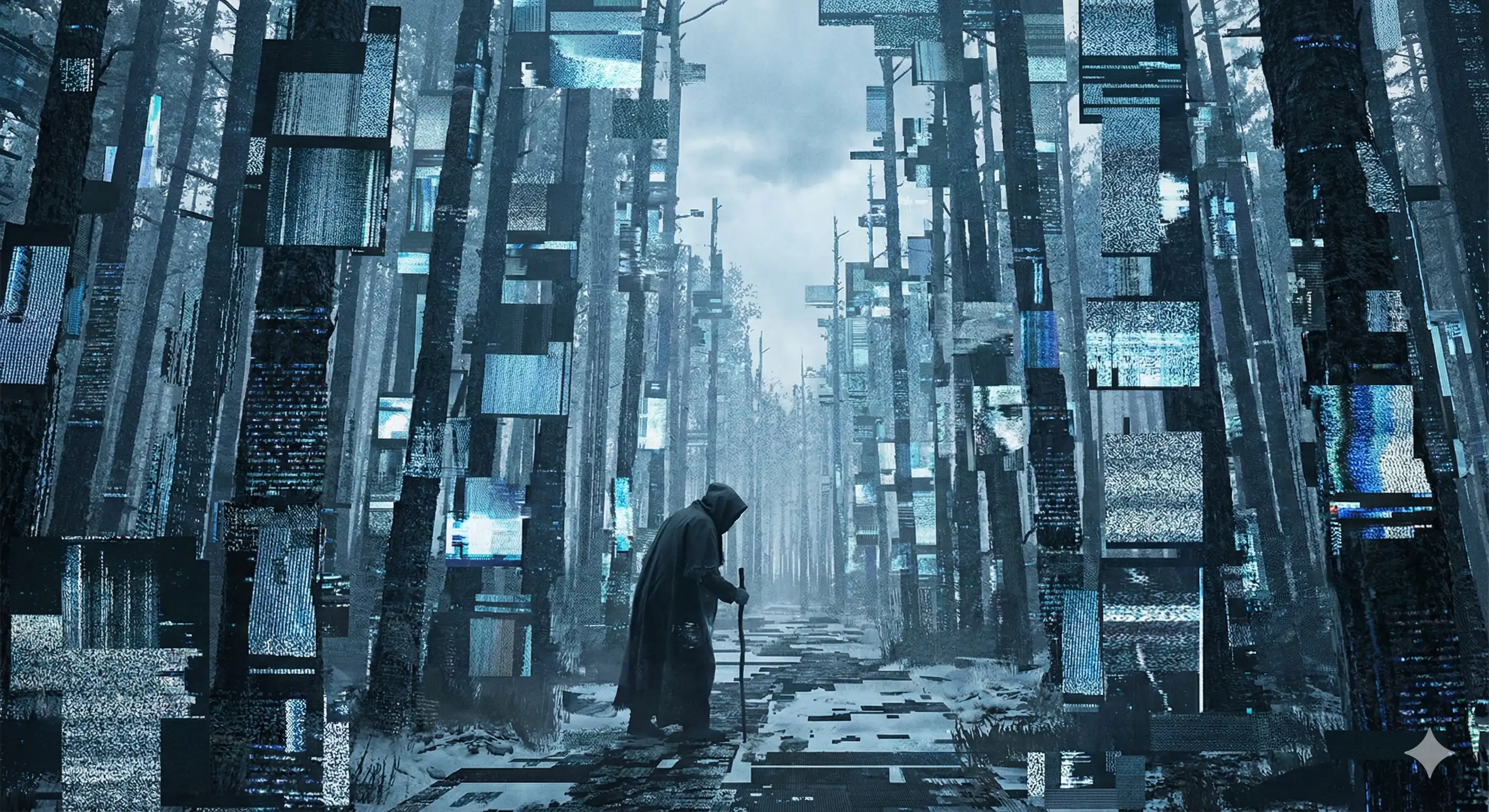 Иллюстрация: Одинокий путник идет сквозь густой, темный, туманный лес. Деревья выглядят как гигантские серверные стойки, покрытые мхом. В темноте светятся тысячи глаз, наблюдающих за ним.