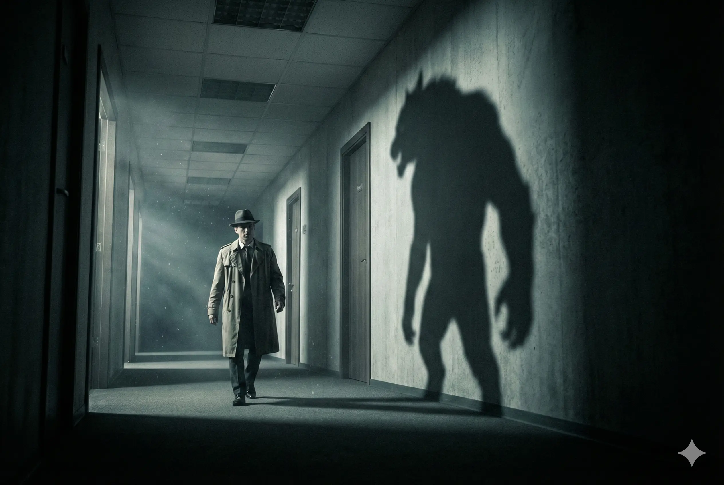 Темный коридор офиса, где тени на стенах намного больше и страшнее самих людей
