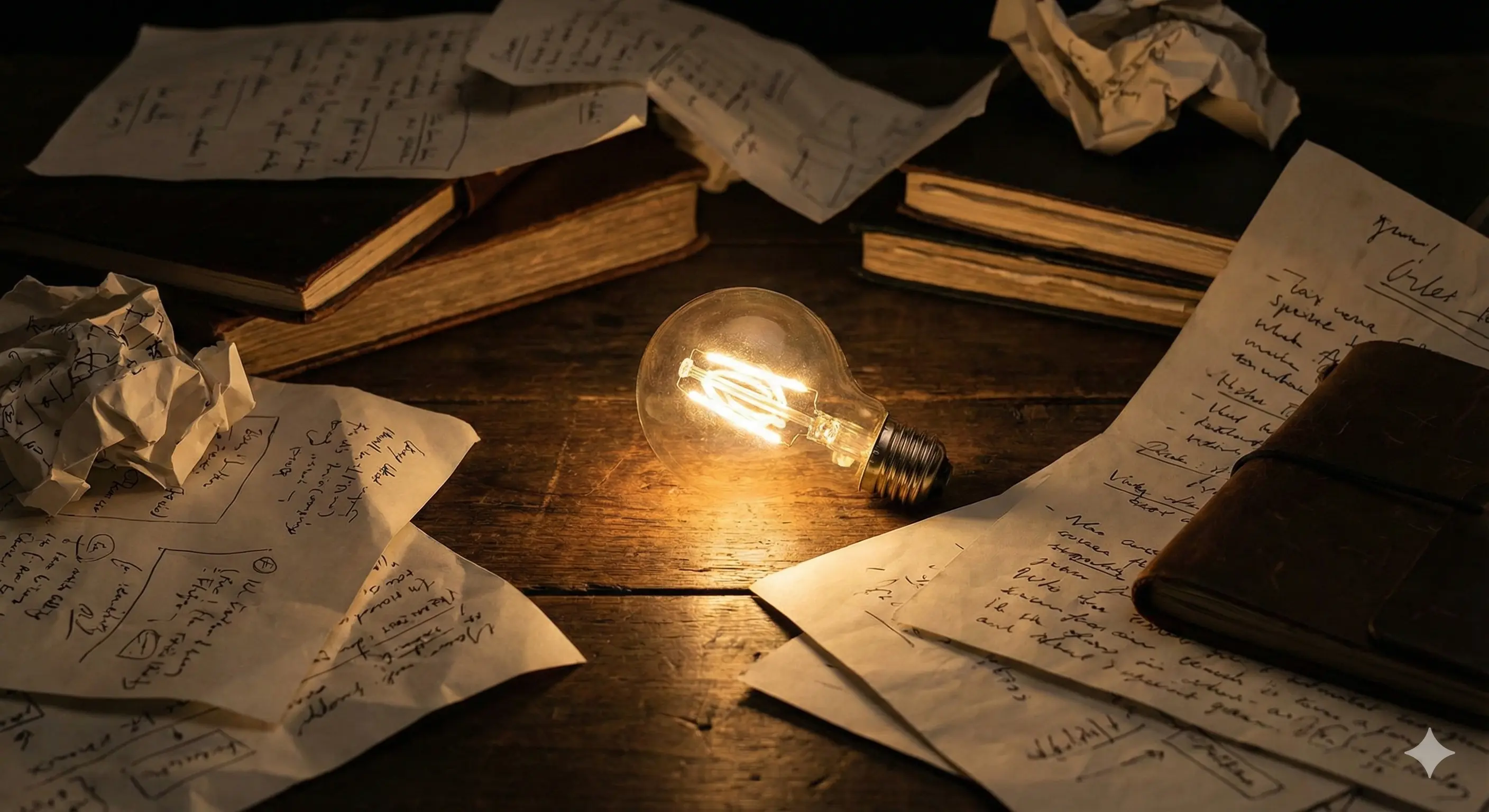 Иллюстрация: Рука человека держит простую электрическую лампочку на фоне сложной, запутанной меловой доски с формулами. Символ простой идеи среди хаоса.