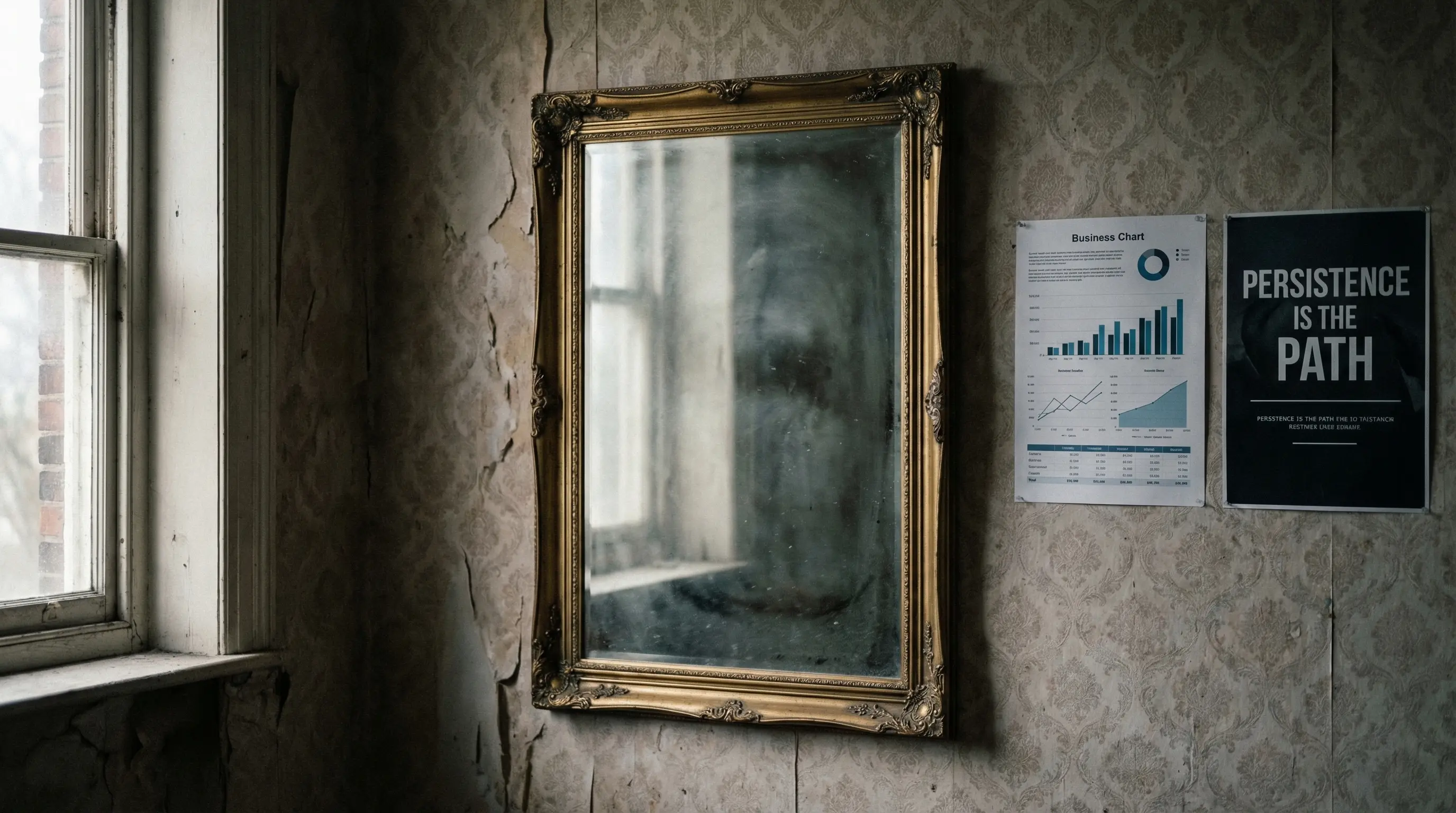 Расколотое надвое зеркало в тёмной комнате. В одной половине отражение уверенного человека в костюме, в другой — растерянный силуэт. Кинематографичный нуар, резкие тени, контраст света и тьмы.