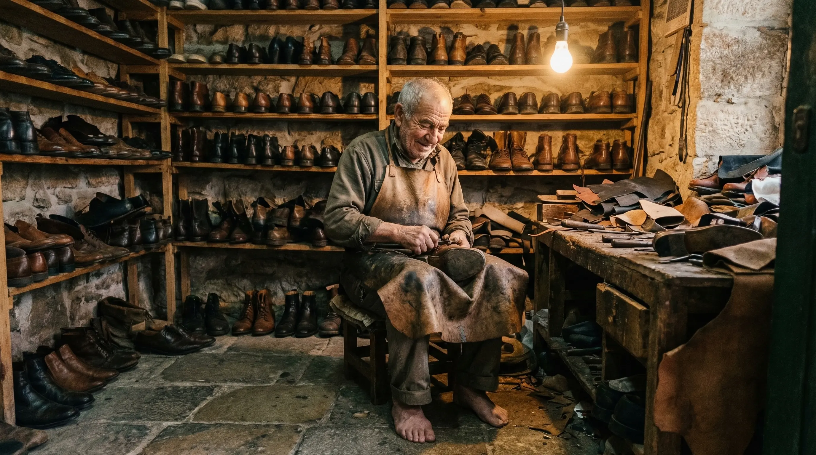 Старая сапожная мастерская, мастер в фартуке сидит босиком среди сотен чужих отремонтированных ботинок. Тёплый свет лампы, пыль в воздухе, фотореалистичный стиль, настроение тихой иронии.