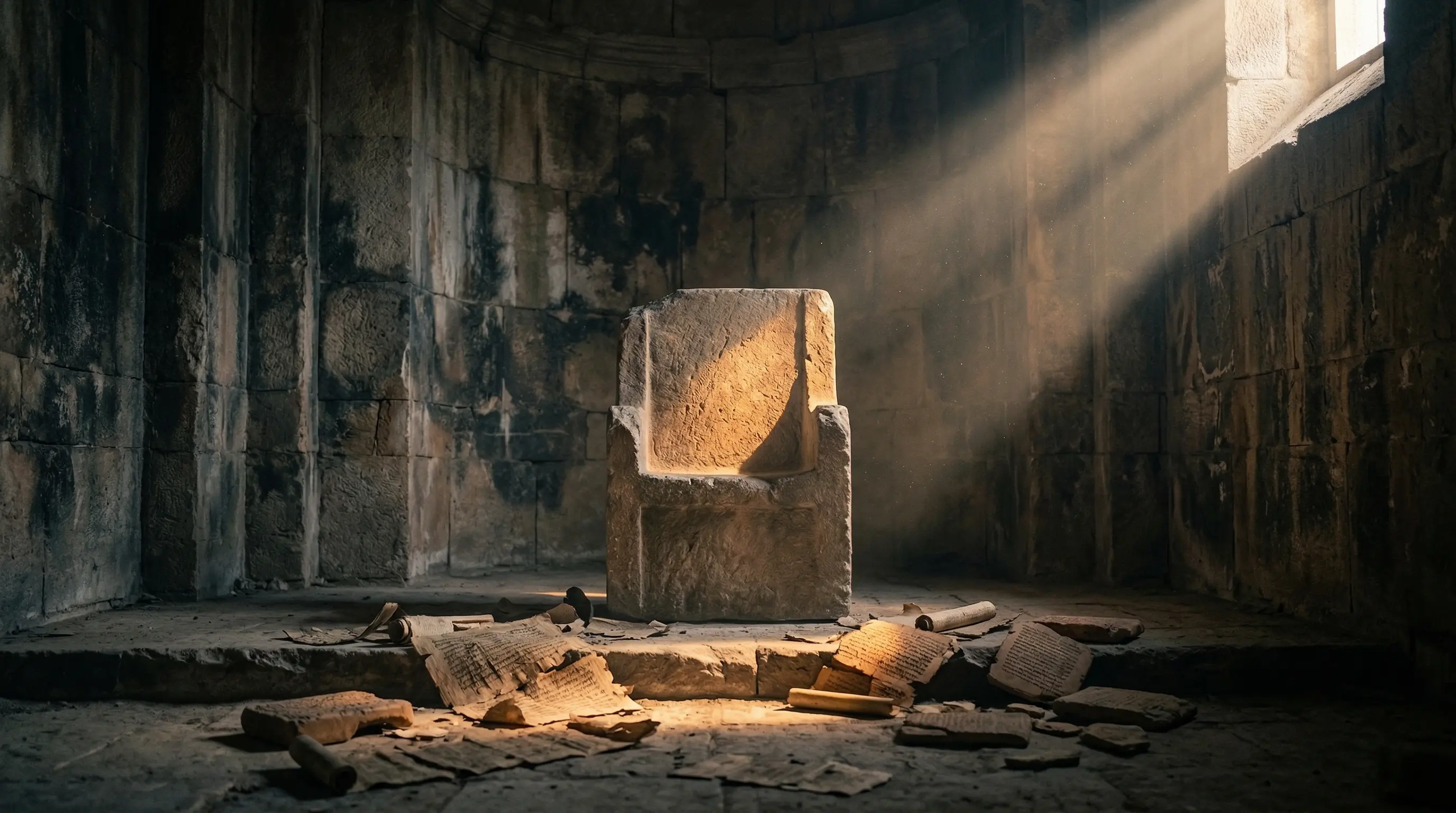 Величественный трон в полутьме дворца, на троне сидит уставший правитель с опущенной головой. Свитки и письма разбросаны вокруг. Кинематографичное освещение в стиле Караваджо, тёплые тени, атмосфера одиночества и тяжести власти.