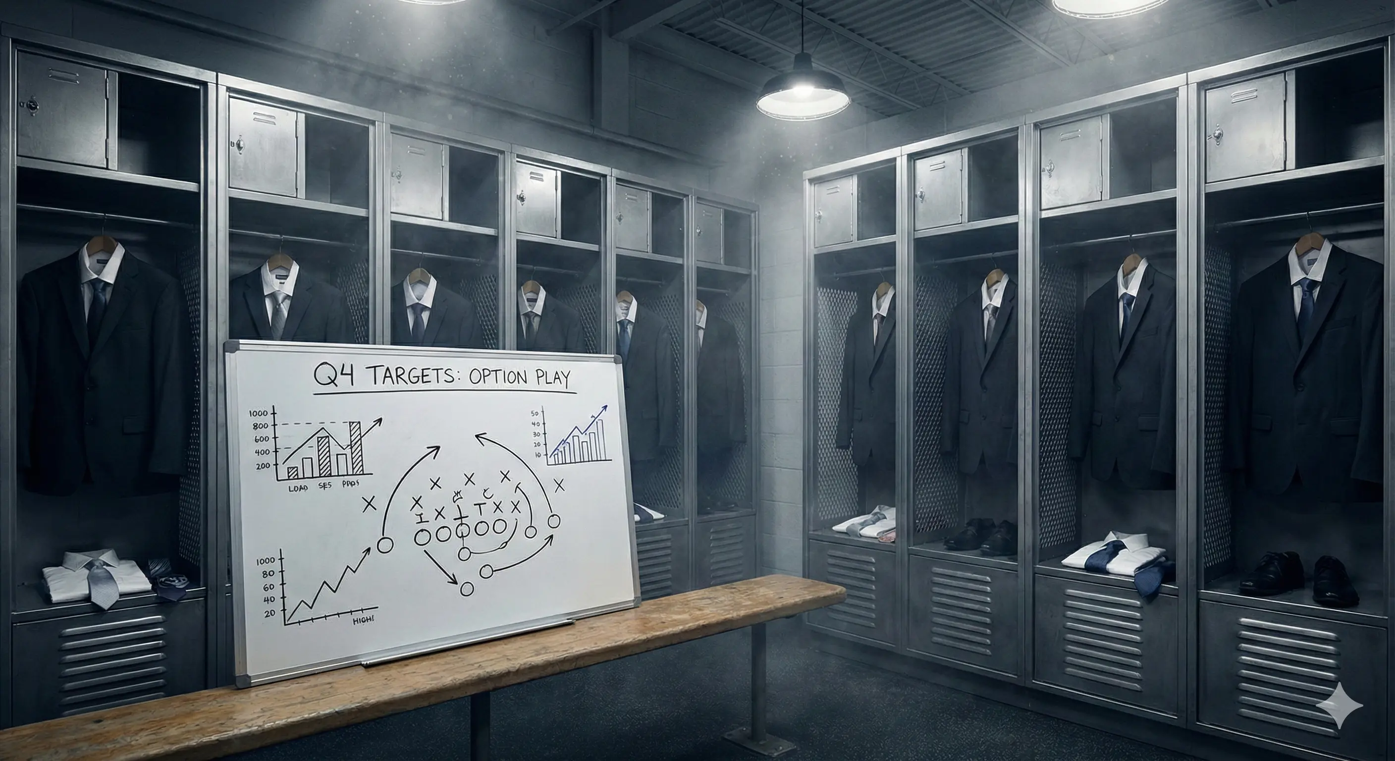 Иллюстрация: Раздевалка элитной спортивной команды. На шкафчиках вместо номеров игроков висят таблички с должностями (CEO, CTO, Manager), а на скамейке лежат строгие офисные пиджаки.