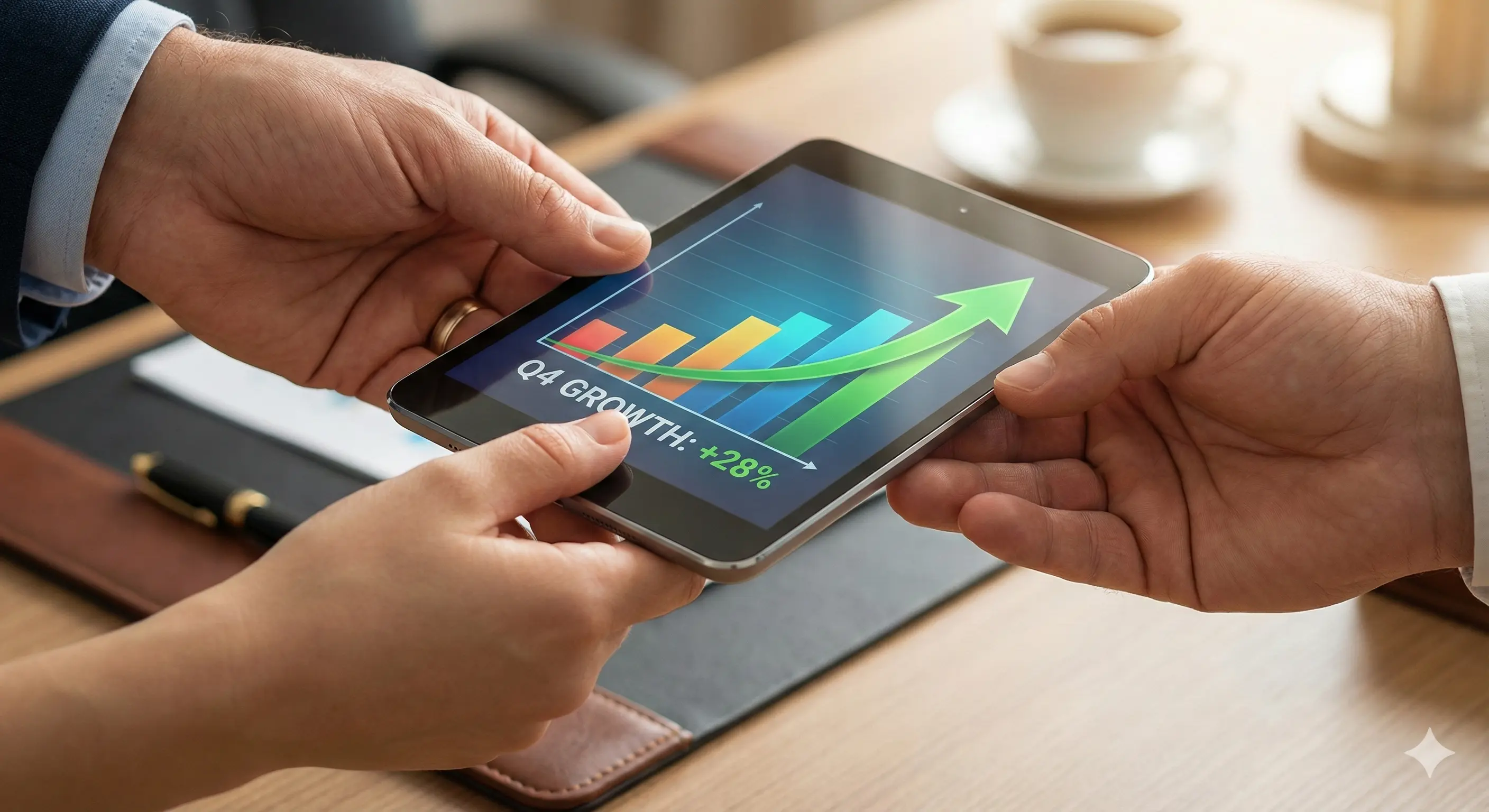 Иллюстрация: Руки передают аккуратную, тонкую папку с документами или планшет с графиками. Жест передачи инструмента или оружия.