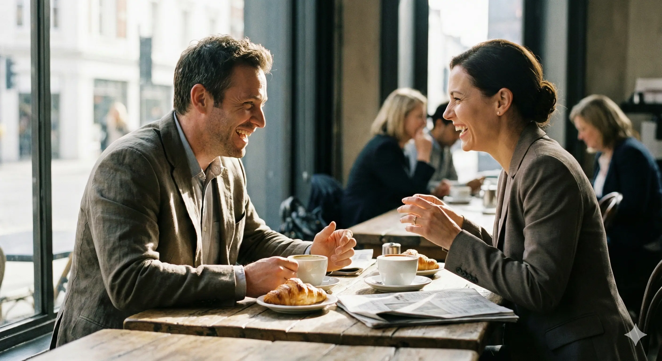 Иллюстрация: Двое мужчин в деловых костюмах сидят в уютном кафе, смеются и жмут руки. Атмосфера теплого партнерства.