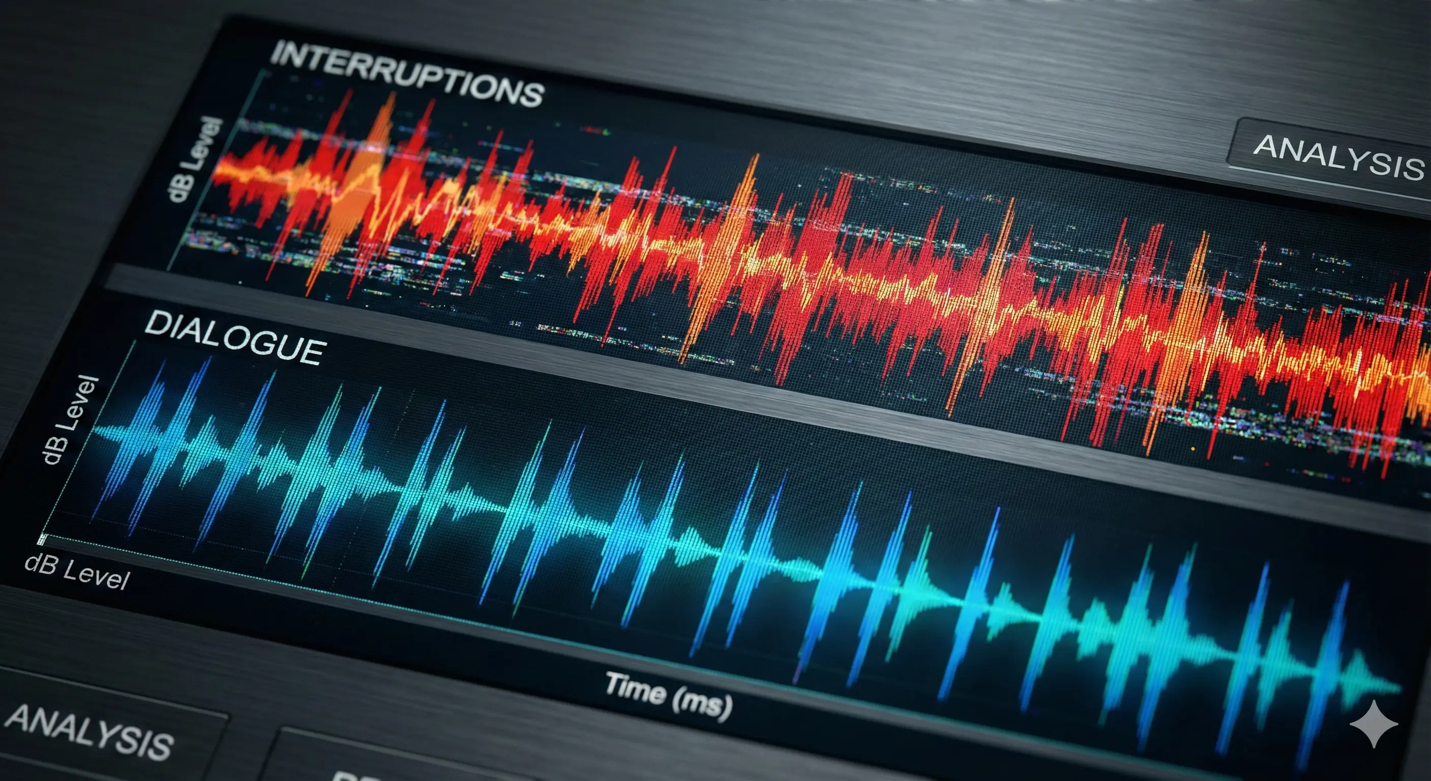 Иллюстрация: Два графика звуковой волны. Сверху 'Плохой диалог' с наложениями красным цветом. Снизу 'Идеальный диалог' с очередностью реплик