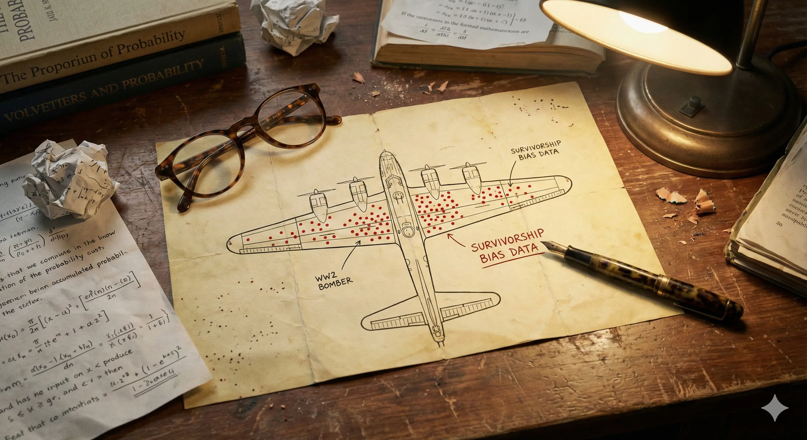 Иллюстрация: Тот самый знаменитый чертеж самолета, покрытый красными точками в местах попаданий. Но он лежит на столе инженера в полумраке, придавая сцене реализм.