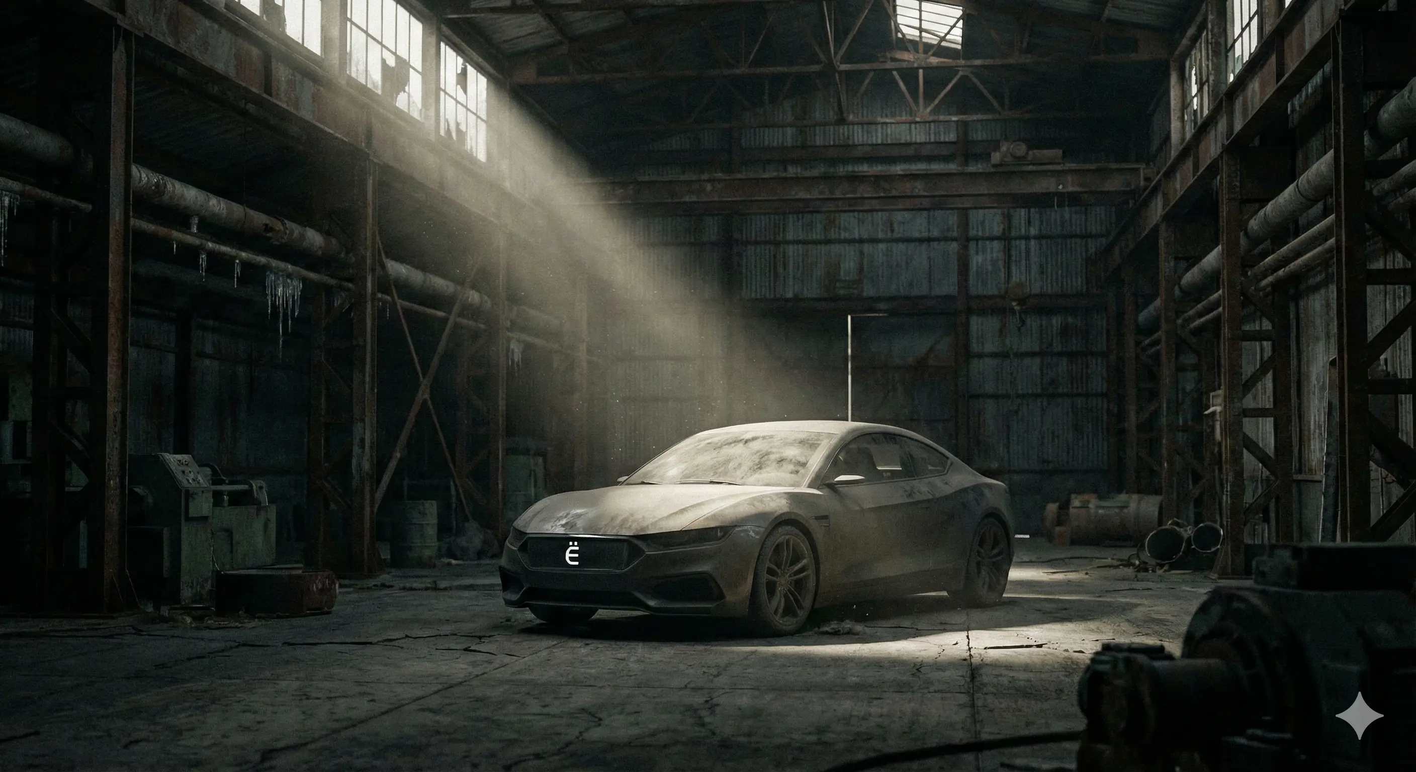 Заброшенный футуристический прототип автомобиля в темном ангаре, покрытый слоем пыли. Луч света падает на эмблему 'Ё'. Атмосфера утраченных надежд, стиль Cyberpunk ruins/Noir.